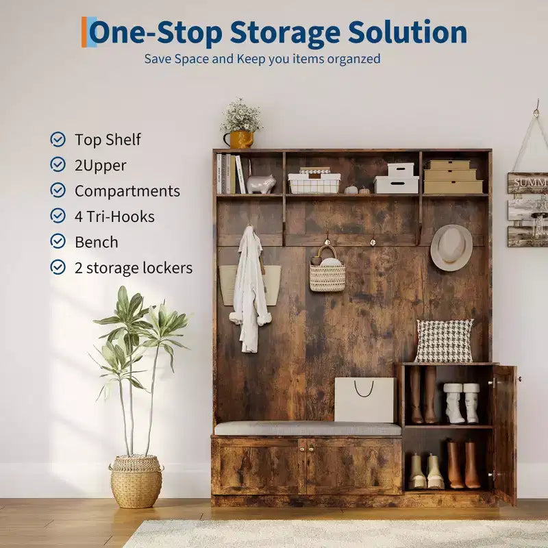 Bench and Shoe Storage,3-in-1 Farmhouse Entryway Bench with Coat Rack, 4 Hooks,4 Shoe Cubbies&3 Open Compartments,for Entryway,Mudrooms