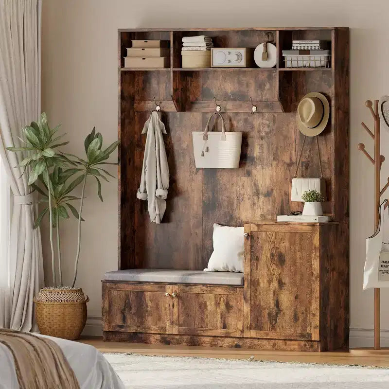 Bench and Shoe Storage,3-in-1 Farmhouse Entryway Bench with Coat Rack, 4 Hooks,4 Shoe Cubbies&3 Open Compartments,for Entryway,Mudrooms