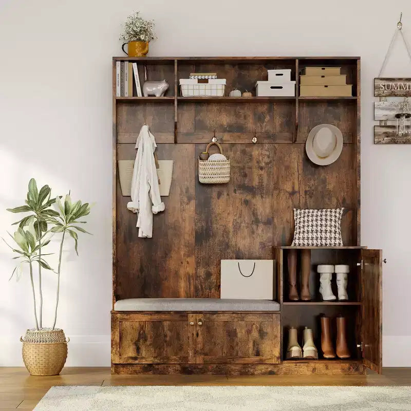 Bench and Shoe Storage,3-in-1 Farmhouse Entryway Bench with Coat Rack, 4 Hooks,4 Shoe Cubbies&3 Open Compartments,for Entryway,Mudrooms