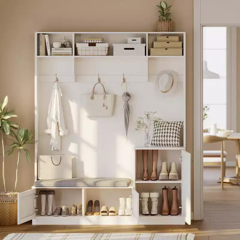 Bench and Shoe Storage,3-in-1 Farmhouse Entryway Bench with Coat Rack, 4 Hooks,4 Shoe Cubbies&3 Open Compartments,for Entryway,Mudrooms