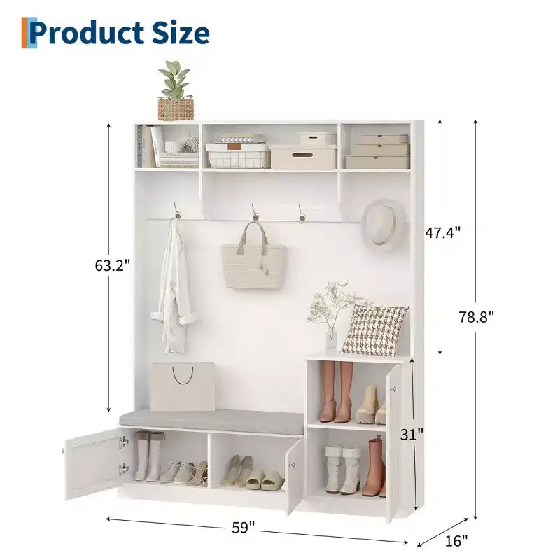 Bench and Shoe Storage,3-in-1 Farmhouse Entryway Bench with Coat Rack, 4 Hooks,4 Shoe Cubbies&3 Open Compartments,for Entryway,Mudrooms