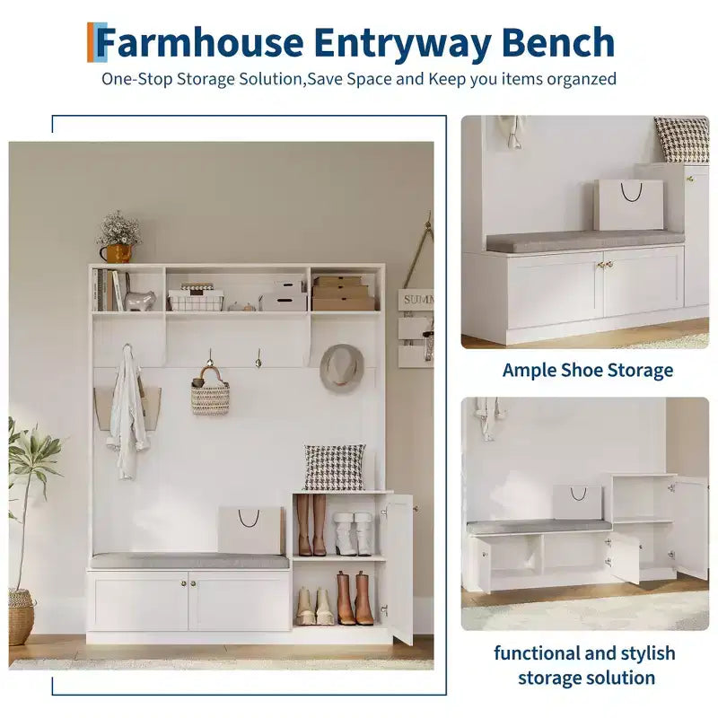 Bench and Shoe Storage,3-in-1 Farmhouse Entryway Bench with Coat Rack, 4 Hooks,4 Shoe Cubbies&3 Open Compartments,for Entryway,Mudrooms