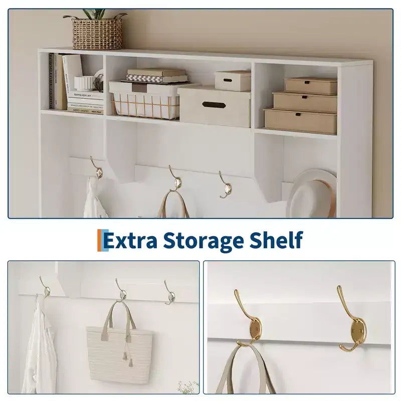 Bench and Shoe Storage,3-in-1 Farmhouse Entryway Bench with Coat Rack, 4 Hooks,4 Shoe Cubbies&3 Open Compartments,for Entryway,Mudrooms