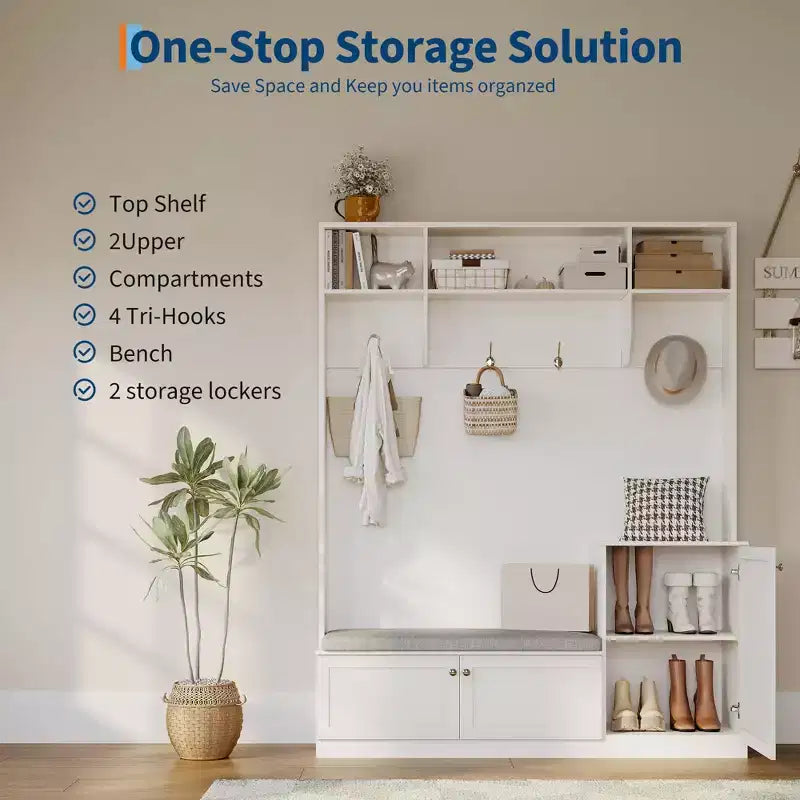Bench and Shoe Storage,3-in-1 Farmhouse Entryway Bench with Coat Rack, 4 Hooks,4 Shoe Cubbies&3 Open Compartments,for Entryway,Mudrooms