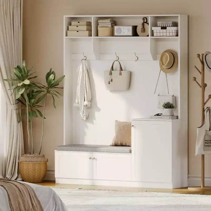 Bench and Shoe Storage,3-in-1 Farmhouse Entryway Bench with Coat Rack, 4 Hooks,4 Shoe Cubbies&3 Open Compartments,for Entryway,Mudrooms