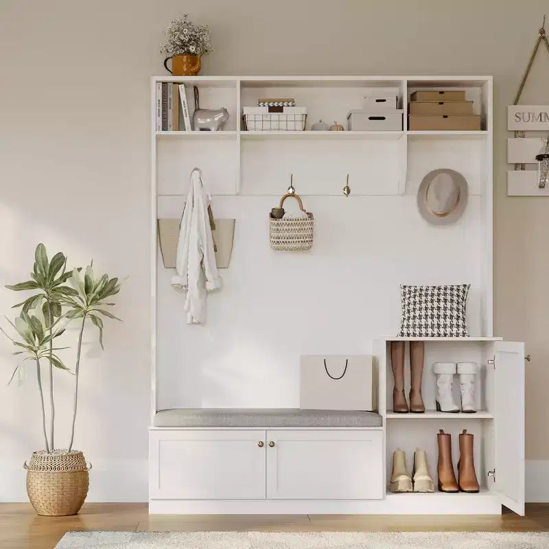 Bench and Shoe Storage,3-in-1 Farmhouse Entryway Bench with Coat Rack, 4 Hooks,4 Shoe Cubbies&3 Open Compartments,for Entryway,Mudrooms