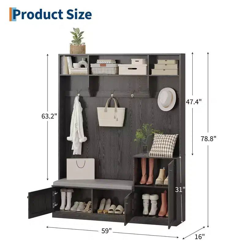 Bench and Shoe Storage,3-in-1 Farmhouse Entryway Bench with Coat Rack, 4 Hooks,4 Shoe Cubbies&3 Open Compartments,for Entryway,Mudrooms