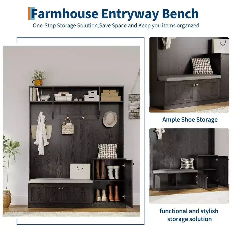 Bench and Shoe Storage,3-in-1 Farmhouse Entryway Bench with Coat Rack, 4 Hooks,4 Shoe Cubbies&3 Open Compartments,for Entryway,Mudrooms