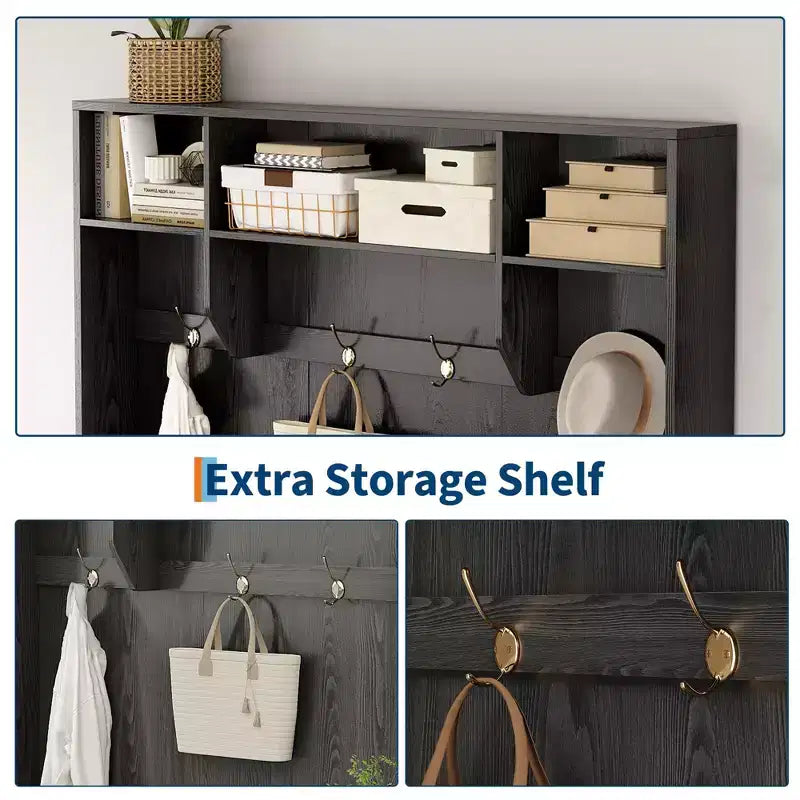 Bench and Shoe Storage,3-in-1 Farmhouse Entryway Bench with Coat Rack, 4 Hooks,4 Shoe Cubbies&3 Open Compartments,for Entryway,Mudrooms