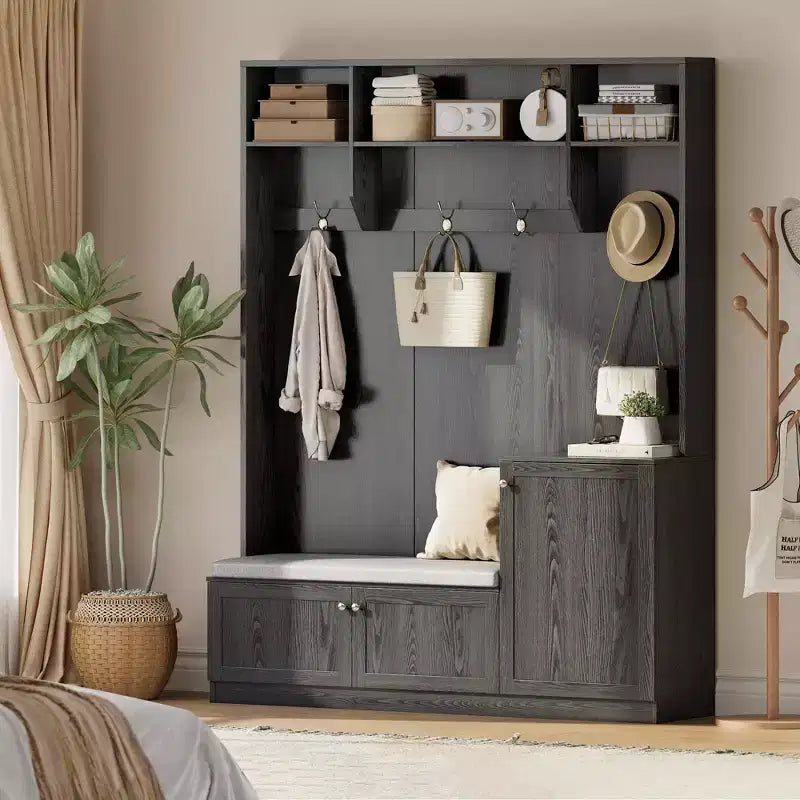 Bench and Shoe Storage,3-in-1 Farmhouse Entryway Bench with Coat Rack, 4 Hooks,4 Shoe Cubbies&3 Open Compartments,for Entryway,Mudrooms