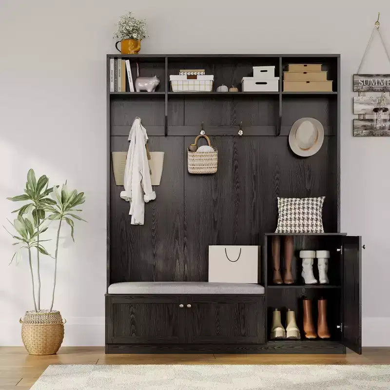 Bench and Shoe Storage,3-in-1 Farmhouse Entryway Bench with Coat Rack, 4 Hooks,4 Shoe Cubbies&3 Open Compartments,for Entryway,Mudrooms