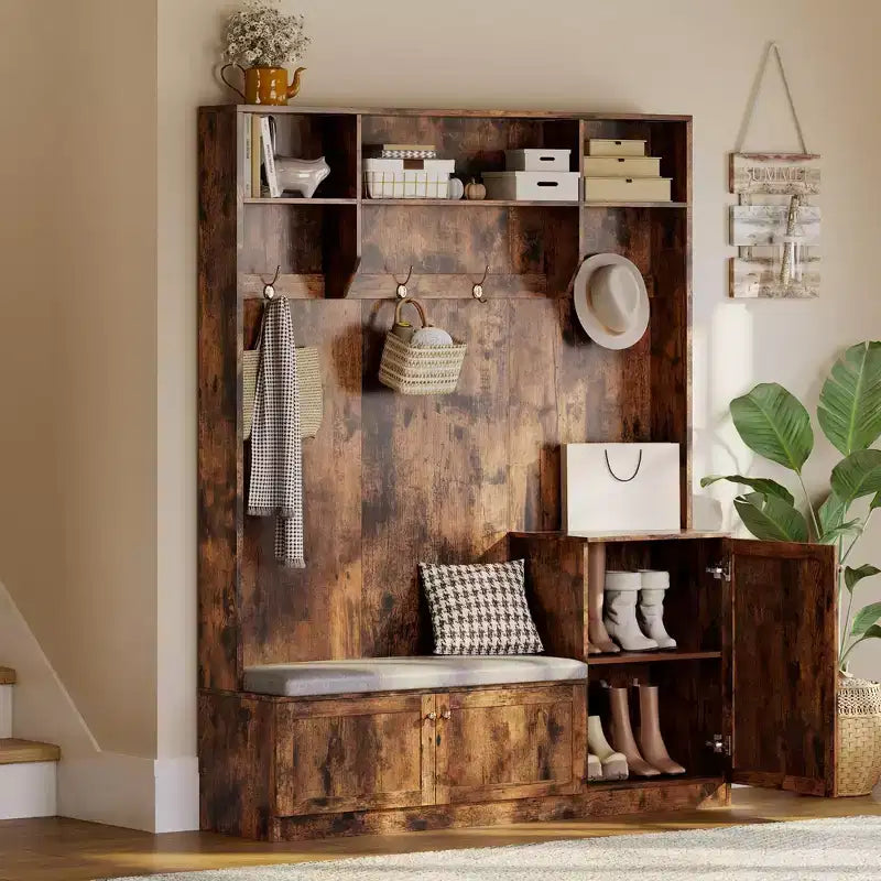 Bench and Shoe Storage,3-in-1 Farmhouse Entryway Bench with Coat Rack, 4 Hooks,4 Shoe Cubbies&3 Open Compartments,for Entryway,Mudrooms