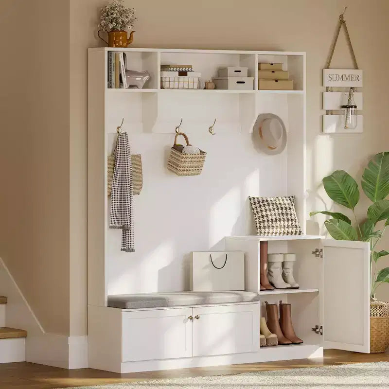 Bench and Shoe Storage,3-in-1 Farmhouse Entryway Bench with Coat Rack, 4 Hooks,4 Shoe Cubbies&3 Open Compartments,for Entryway,Mudrooms
