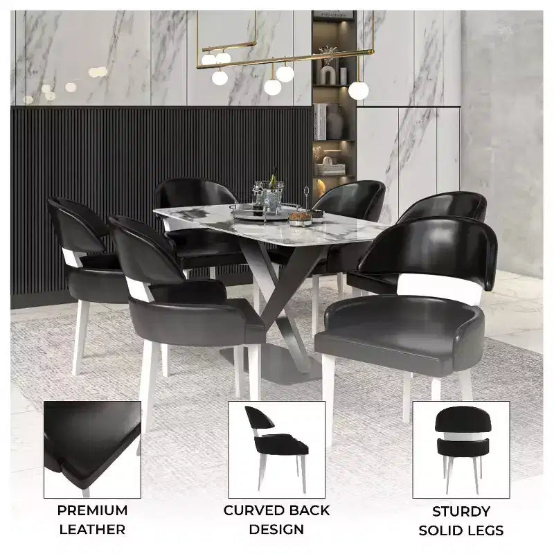 LeisureMod Ethos Modern Dining Chairs Set of 2  Leather Seats with Curved Back and Black Iron Legs, Seating for Kitchen, Dining Room, Cafe