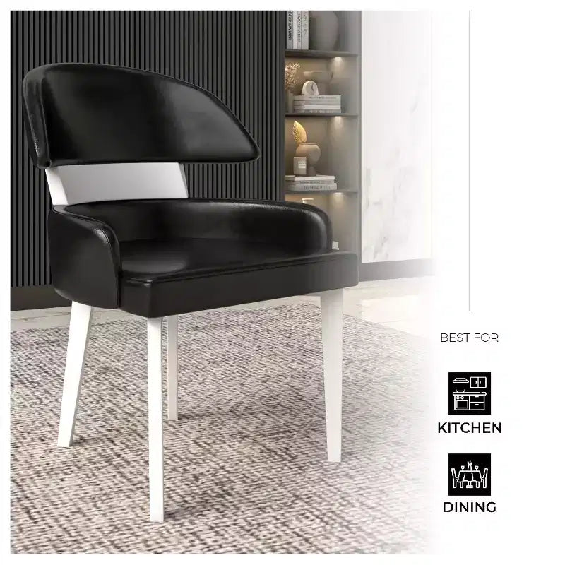 LeisureMod Ethos Modern Dining Chairs Set of 2  Leather Seats with Curved Back and Black Iron Legs, Seating for Kitchen, Dining Room, Cafe