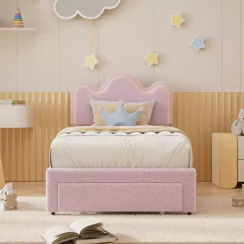 Bed Frame with Adjustable Upholstered Headboard Girls Boucle Platform Bed Frame with Storage Drawers Princess Bed Frame for Kids
