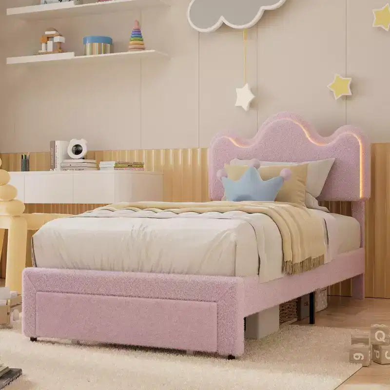 Bed Frame with Adjustable Upholstered Headboard Girls Boucle Platform Bed Frame with Storage Drawers Princess Bed Frame for Kids