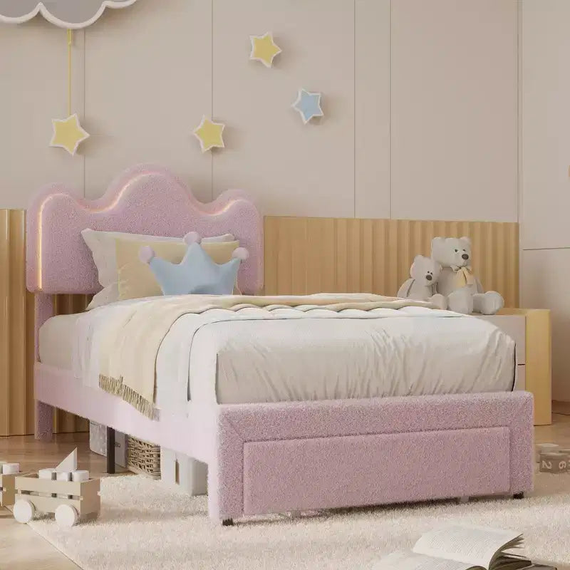 Bed Frame with Adjustable Upholstered Headboard Girls Boucle Platform Bed Frame with Storage Drawers Princess Bed Frame for Kids