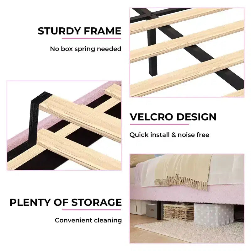 Bed Frame with Adjustable Upholstered Headboard Girls Boucle Platform Bed Frame with Storage Drawers Princess Bed Frame for Kids