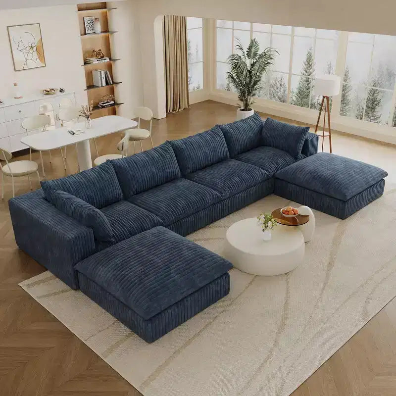 157.6 White Corduroy Fabric DIY Combination Cloud Sofa Deep Seat Couches with 2 Ottomans Double-layer design Removable Cushion No Assembly