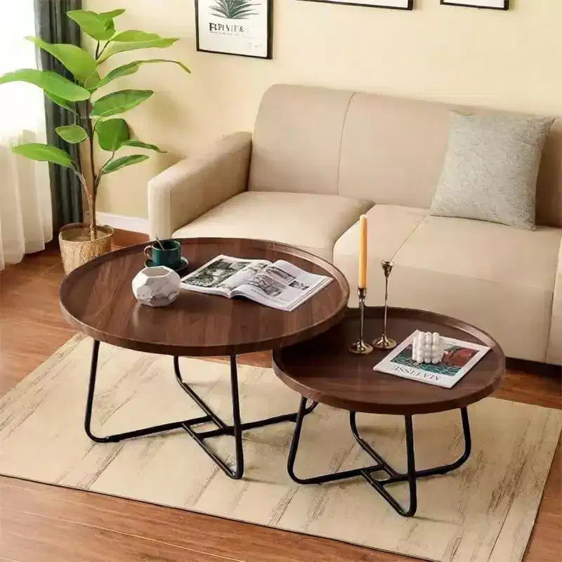 Round Coffee Table, Set of 2, Wooden Living Room Table with Metal Frame, Side Tables for Living Room Table