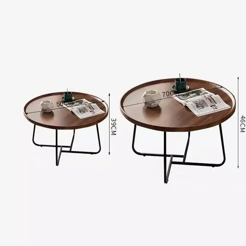 Round Coffee Table, Set of 2, Wooden Living Room Table with Metal Frame, Side Tables for Living Room Table