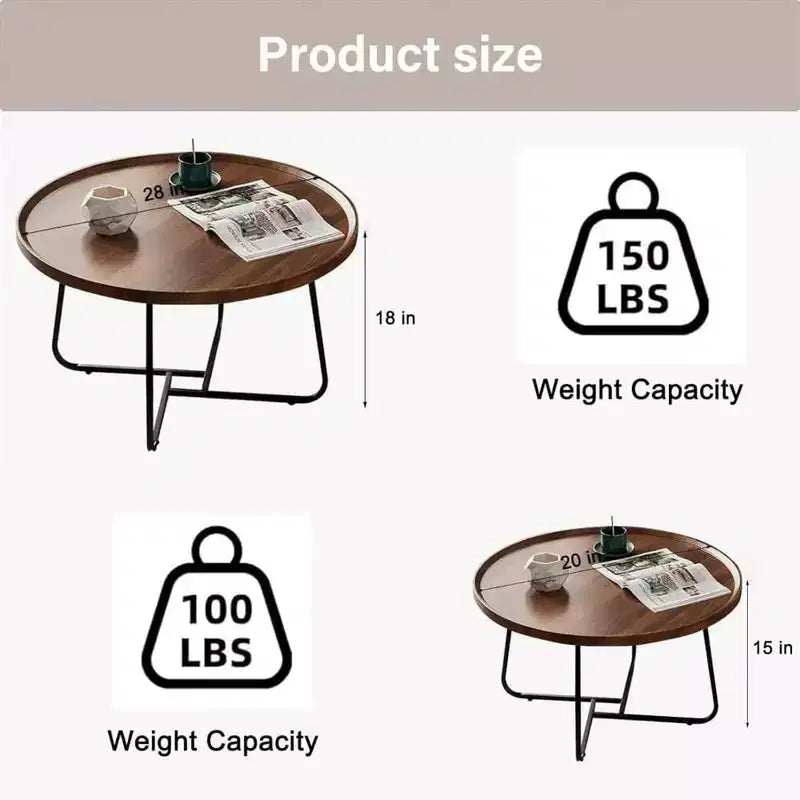 Round Coffee Table, Set of 2, Wooden Living Room Table with Metal Frame, Side Tables for Living Room Table