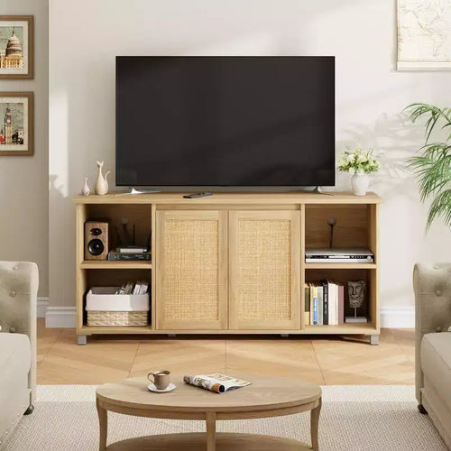70 Mid-Century Modern TV Stand with Rattan Doors - Entertainment Center for 70 Inch TV, 2 Storage Cabinets & 3 Open Shelves