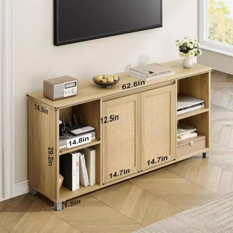 70 Mid-Century Modern TV Stand with Rattan Doors - Entertainment Center for 70 Inch TV, 2 Storage Cabinets & 3 Open Shelves