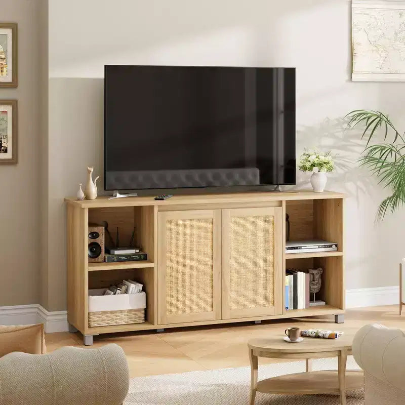 70 Mid-Century Modern TV Stand with Rattan Doors - Entertainment Center for 70 Inch TV, 2 Storage Cabinets & 3 Open Shelves