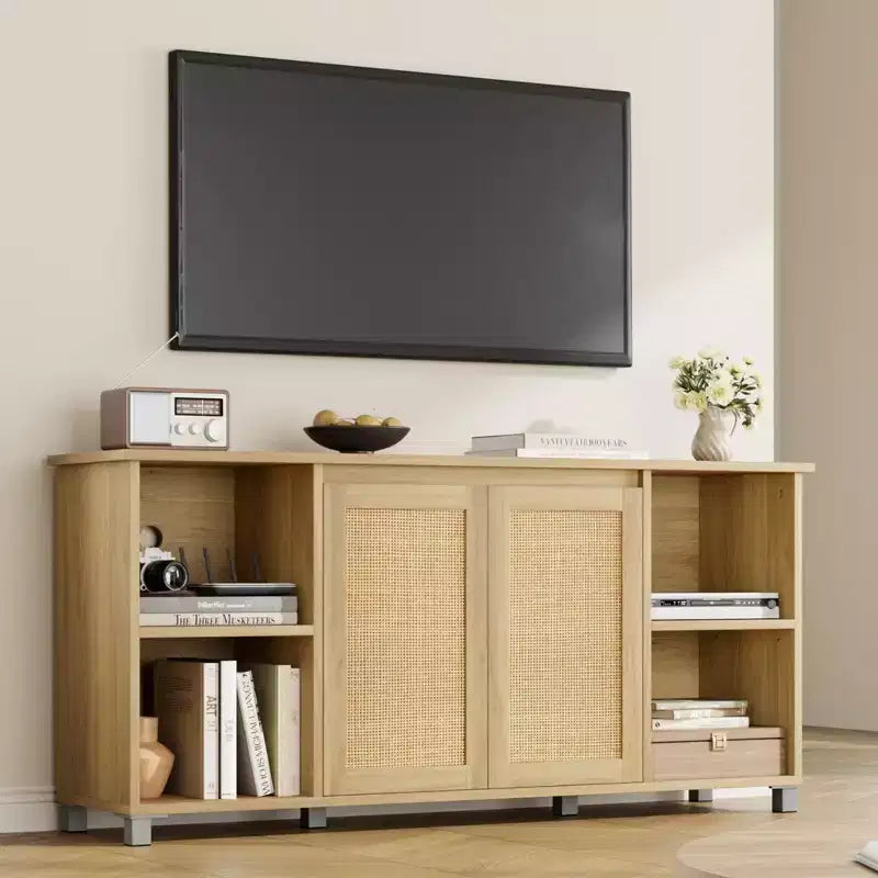 70 Mid-Century Modern TV Stand with Rattan Doors - Entertainment Center for 70 Inch TV, 2 Storage Cabinets & 3 Open Shelves
