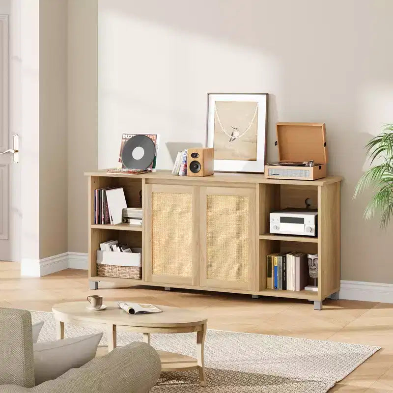 70 Mid-Century Modern TV Stand with Rattan Doors - Entertainment Center for 70 Inch TV, 2 Storage Cabinets & 3 Open Shelves
