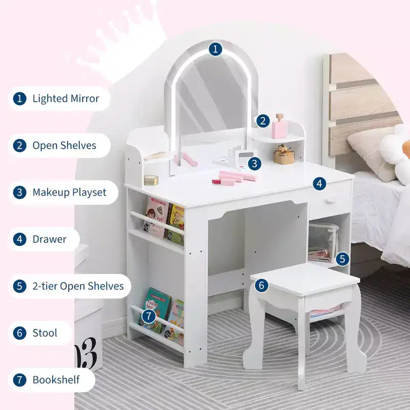 GustoWave Kids Vanity Set with Mirror, Stool, Bookshelf & Storage  Makeup Desk with Drawer & Shelves for Girls Ages 39