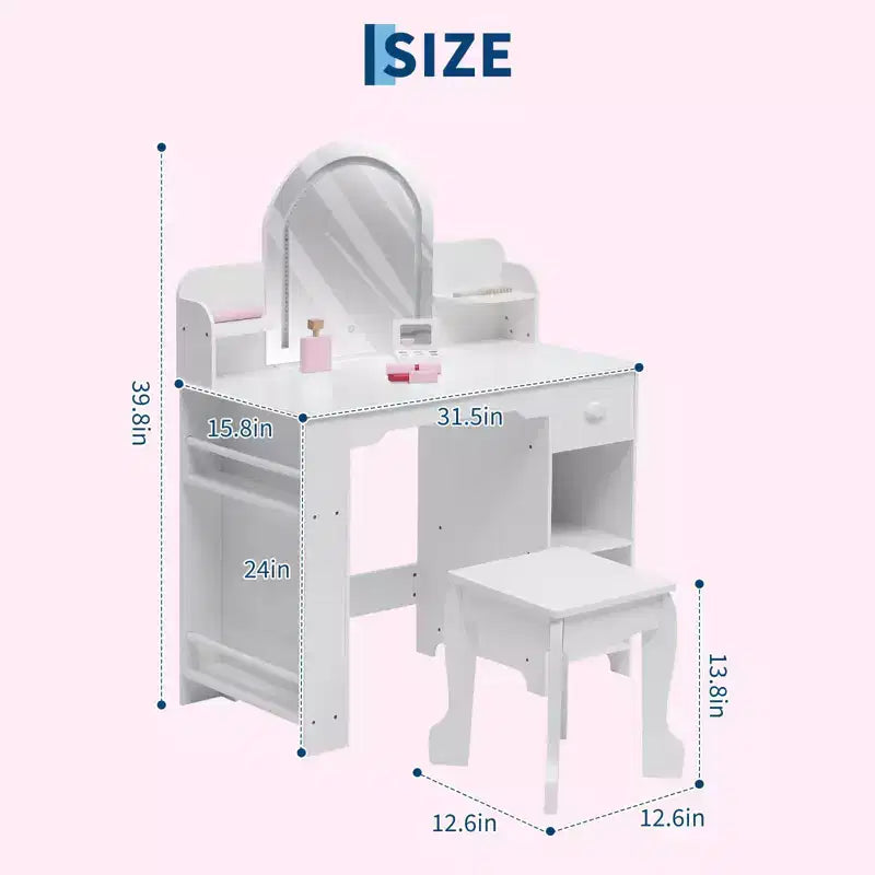GustoWave Kids Vanity Set with Mirror, Stool, Bookshelf & Storage  Makeup Desk with Drawer & Shelves for Girls Ages 39
