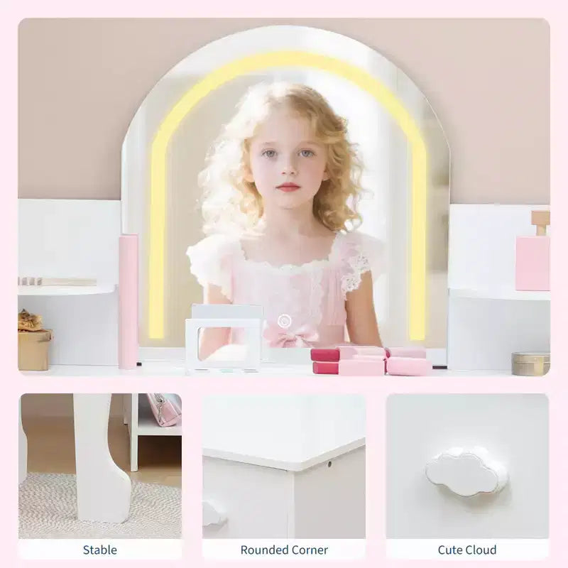 GustoWave Kids Vanity Set with Mirror, Stool, Bookshelf & Storage  Makeup Desk with Drawer & Shelves for Girls Ages 39