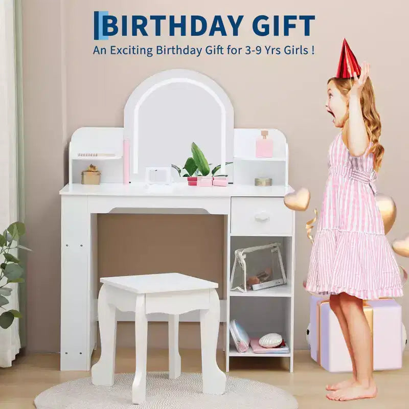 GustoWave Kids Vanity Set with Mirror, Stool, Bookshelf & Storage  Makeup Desk with Drawer & Shelves for Girls Ages 39