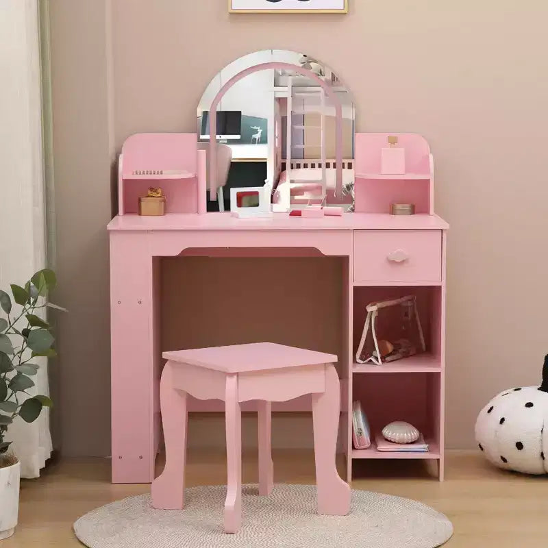 GustoWave Kids Vanity Set with Mirror, Stool, Bookshelf & Storage  Makeup Desk with Drawer & Shelves for Girls Ages 39