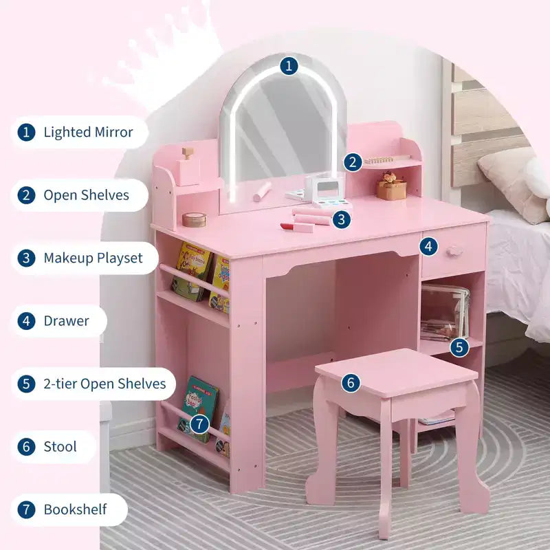 GustoWave Kids Vanity Set with Mirror, Stool, Bookshelf & Storage  Makeup Desk with Drawer & Shelves for Girls Ages 39