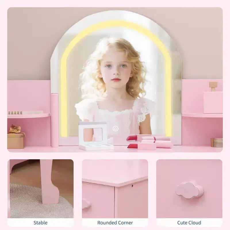 GustoWave Kids Vanity Set with Mirror, Stool, Bookshelf & Storage  Makeup Desk with Drawer & Shelves for Girls Ages 39