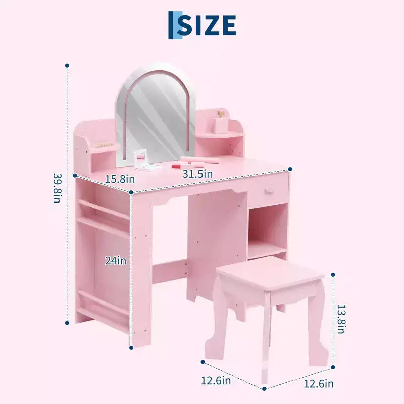 GustoWave Kids Vanity Set with Mirror, Stool, Bookshelf & Storage  Makeup Desk with Drawer & Shelves for Girls Ages 39