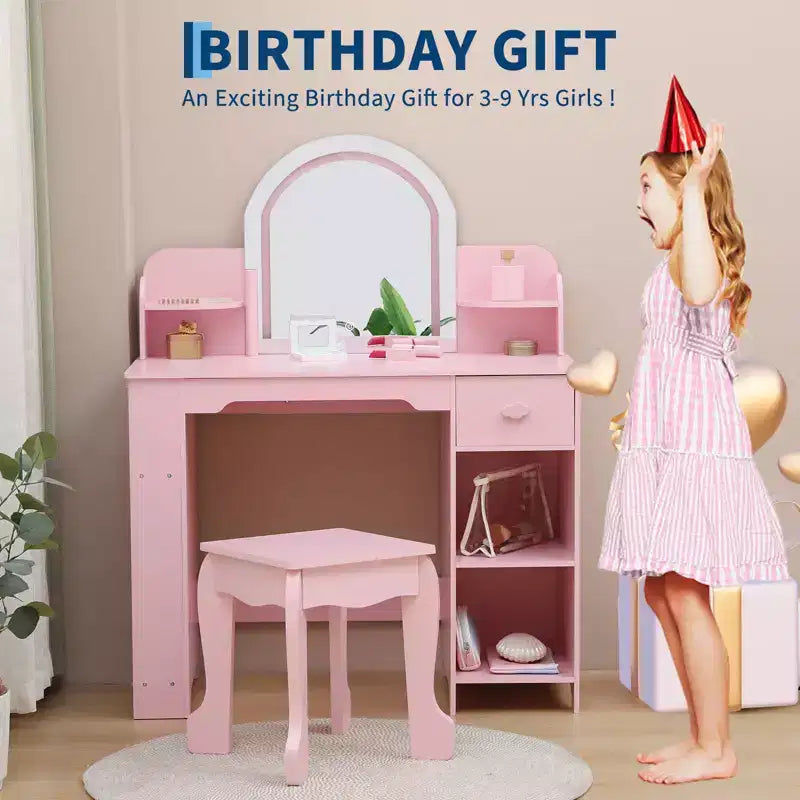GustoWave Kids Vanity Set with Mirror, Stool, Bookshelf & Storage  Makeup Desk with Drawer & Shelves for Girls Ages 39