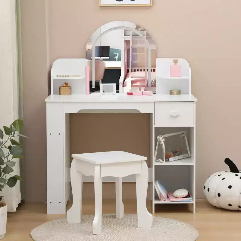 GustoWave Kids Vanity Set with Mirror, Stool, Bookshelf & Storage  Makeup Desk with Drawer & Shelves for Girls Ages 39