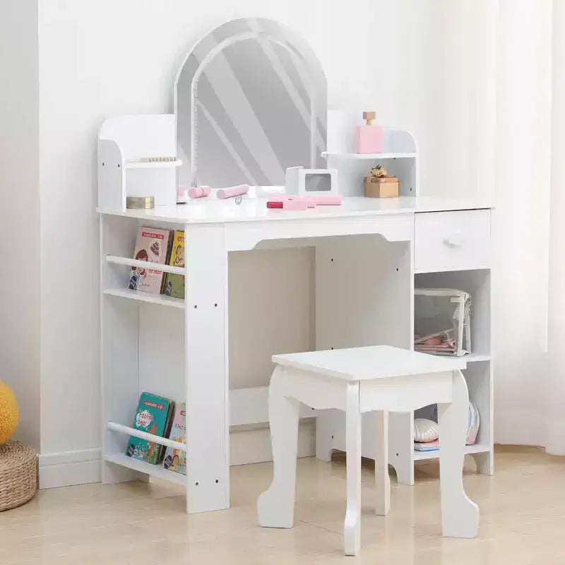 GustoWave Kids Vanity Set with Mirror, Stool, Bookshelf & Storage  Makeup Desk with Drawer & Shelves for Girls Ages 39