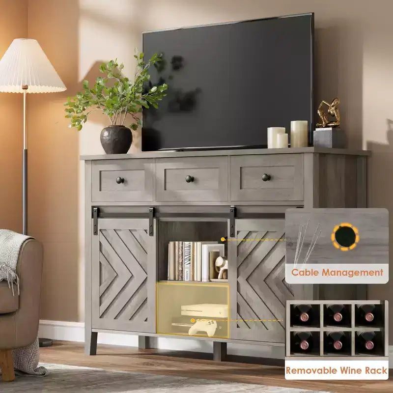 Garvee Farmhouse 47.2'' Buffet Cabinet with Sliding Barn Door, 33.4'' Tall Rustic Sideboard with 3 Drawer, Gray
