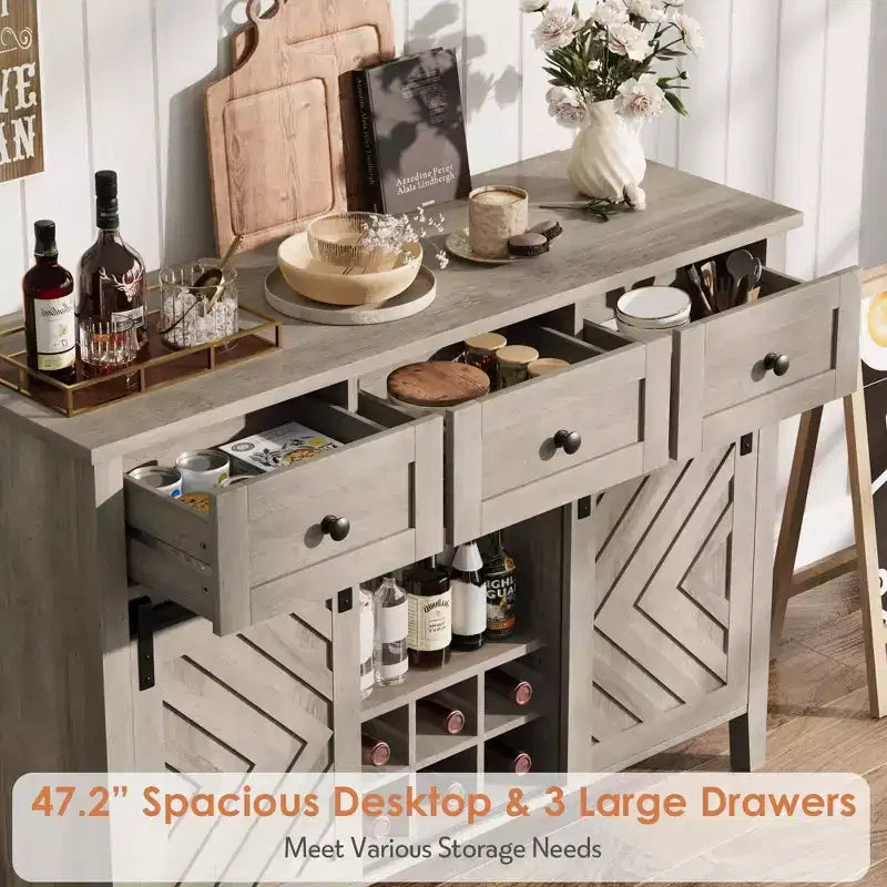 Garvee Farmhouse 47.2'' Buffet Cabinet with Sliding Barn Door, 33.4'' Tall Rustic Sideboard with 3 Drawer, Gray