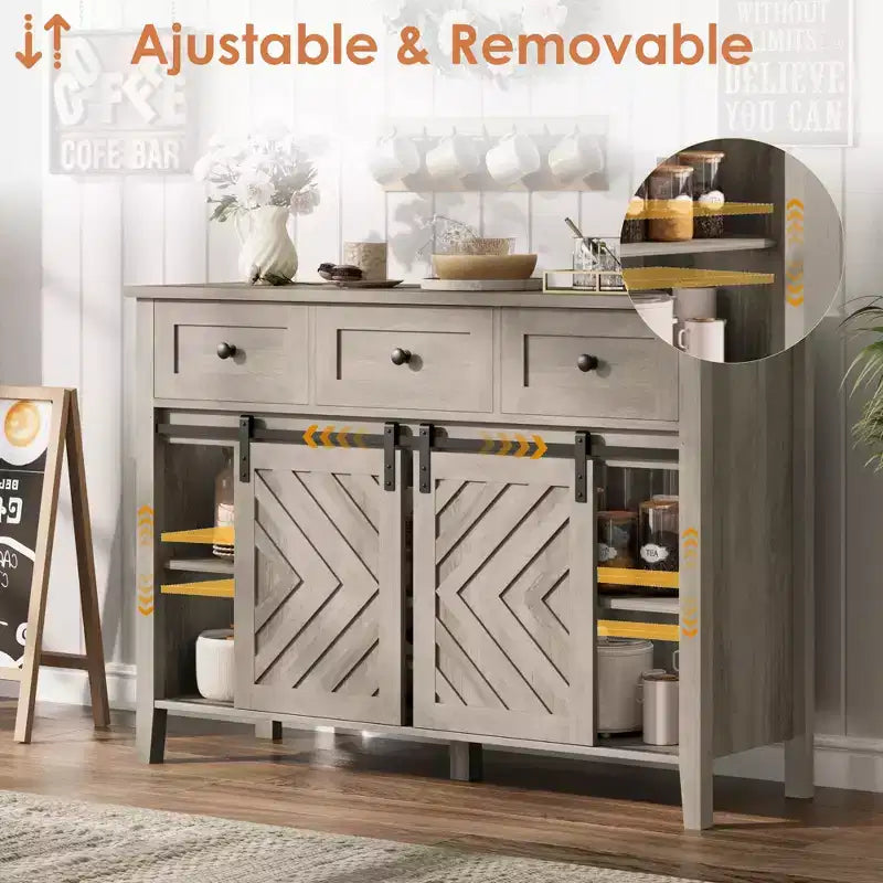 Garvee Farmhouse 47.2'' Buffet Cabinet with Sliding Barn Door, 33.4'' Tall Rustic Sideboard with 3 Drawer, Gray
