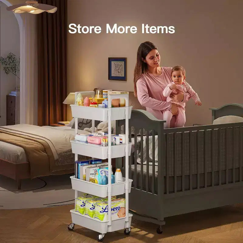 Pipishell 4-Tier Rolling Cart, Lightweight Plastic Organizer with Lockable Wheels & Reinforced Handle for Kitchen, Bathroom, Nursery, White