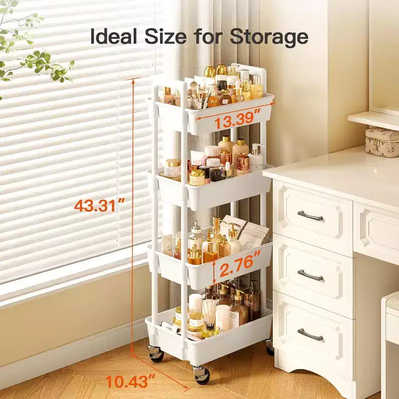 Pipishell 4-Tier Rolling Cart, Lightweight Plastic Organizer with Lockable Wheels & Reinforced Handle for Kitchen, Bathroom, Nursery, White