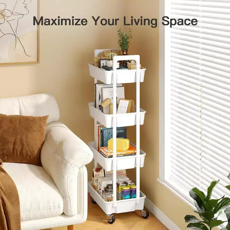 Pipishell 4-Tier Rolling Cart, Lightweight Plastic Organizer with Lockable Wheels & Reinforced Handle for Kitchen, Bathroom, Nursery, White