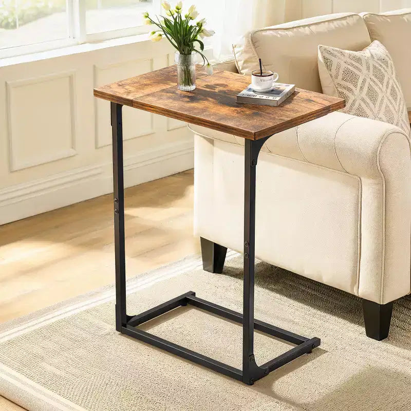 HUANUO C-Shaped Side Table, Rustic Design, Metal Frame, Large Surface Couch Table for Living Room, Bedroom, Home Office